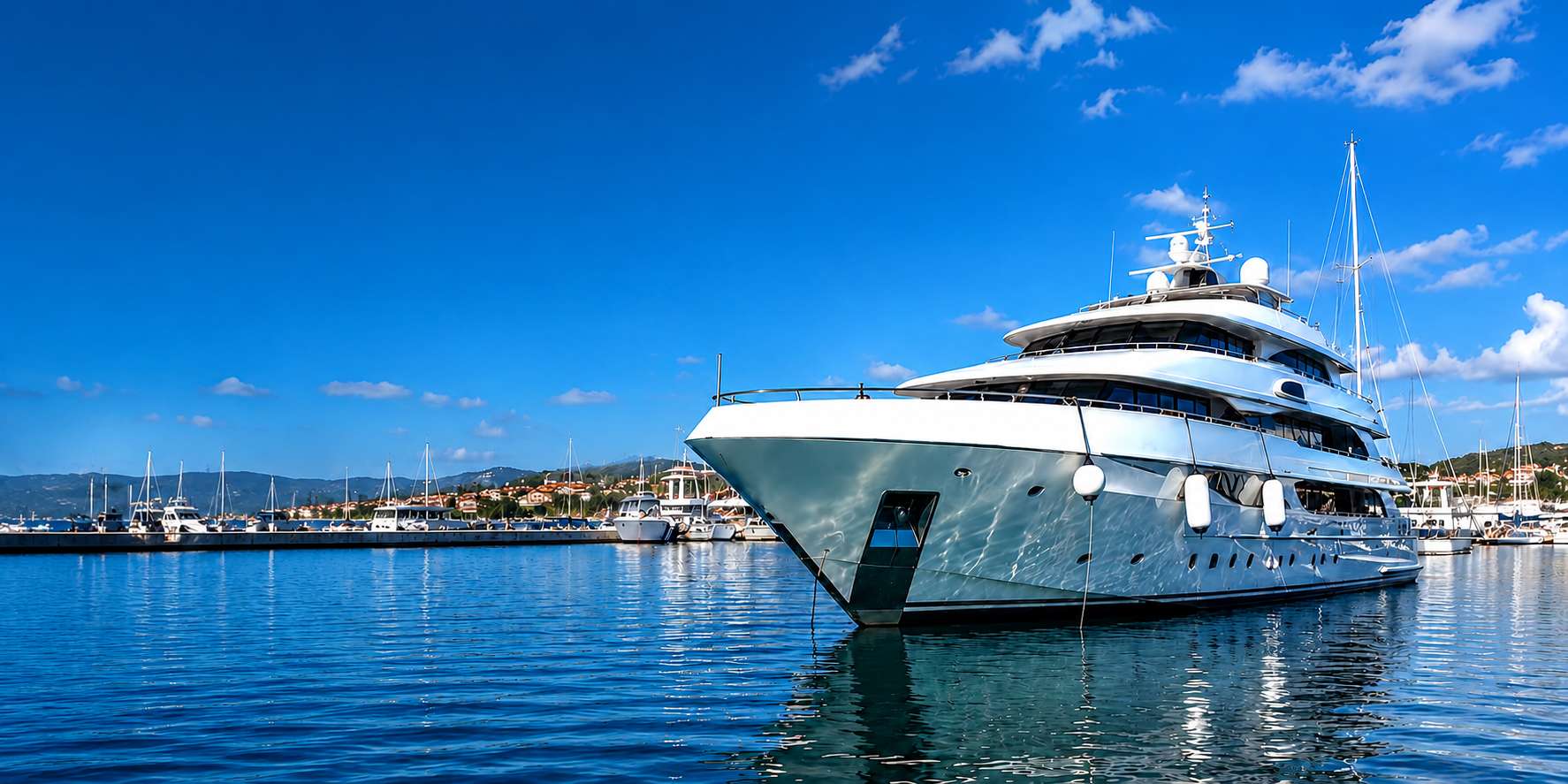 Superyacht moored in a Mediterranean harbour