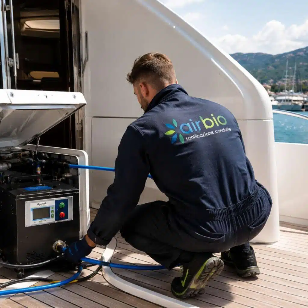 AirBio technician working with equipment near the stern of a yacht