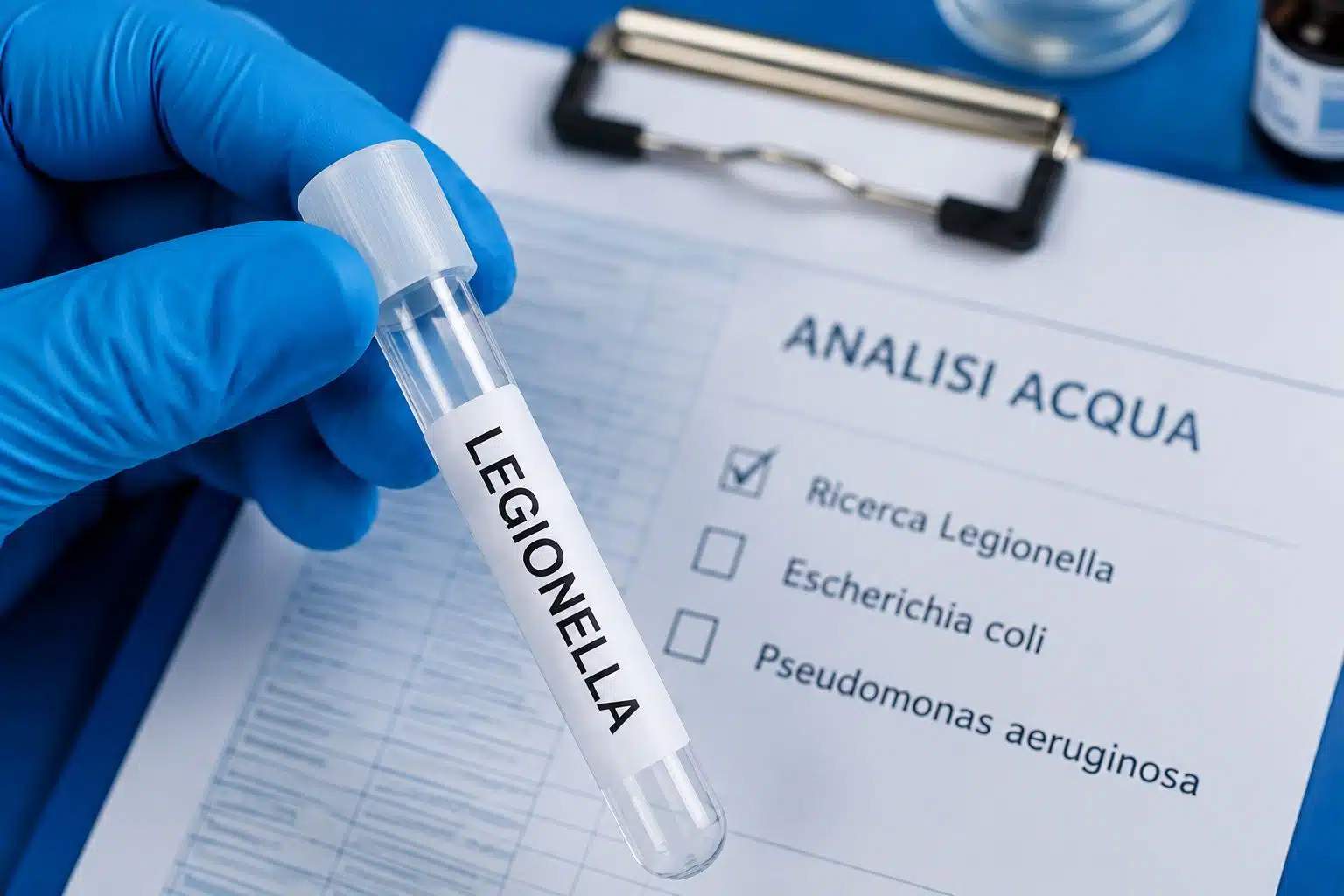 Water sample tube for Legionella analysis on a water-analysis sheet