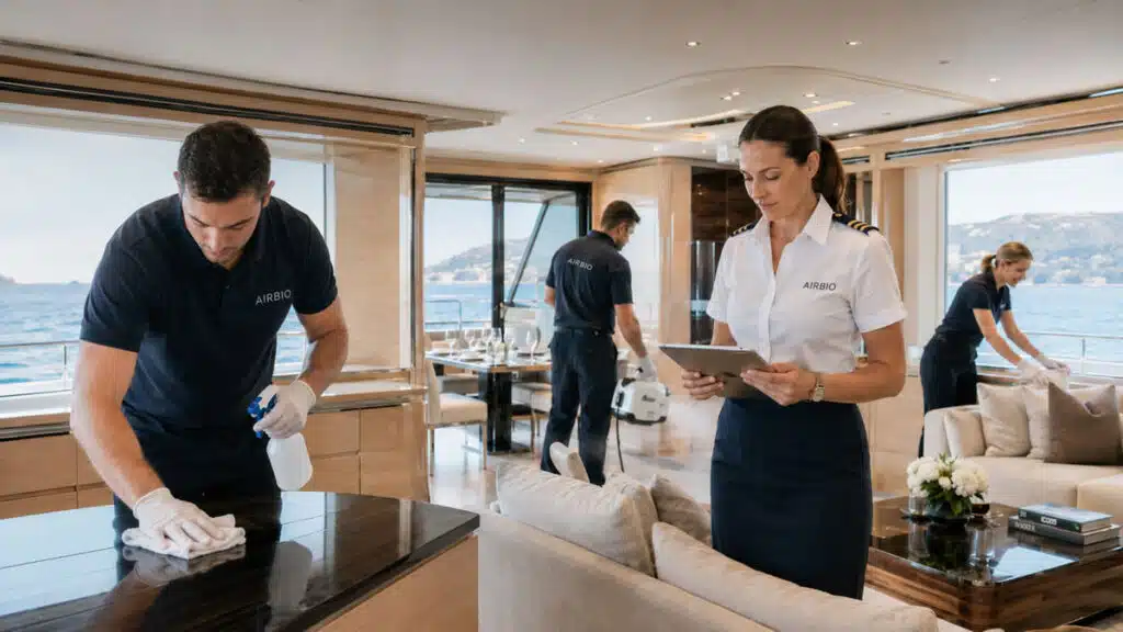 Interior surfaces being sanitized on a yacht