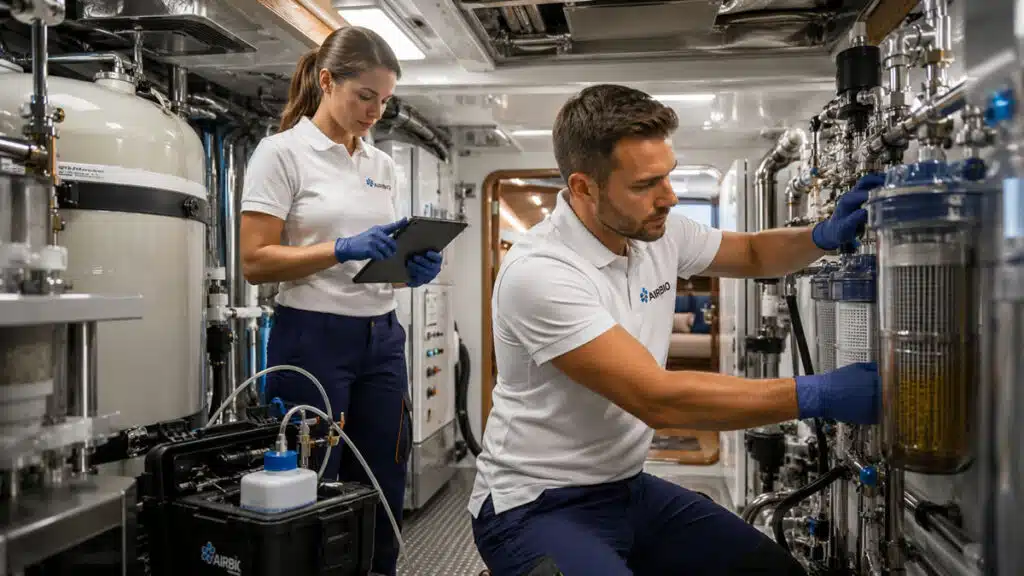 Technicians working on the water system below deck