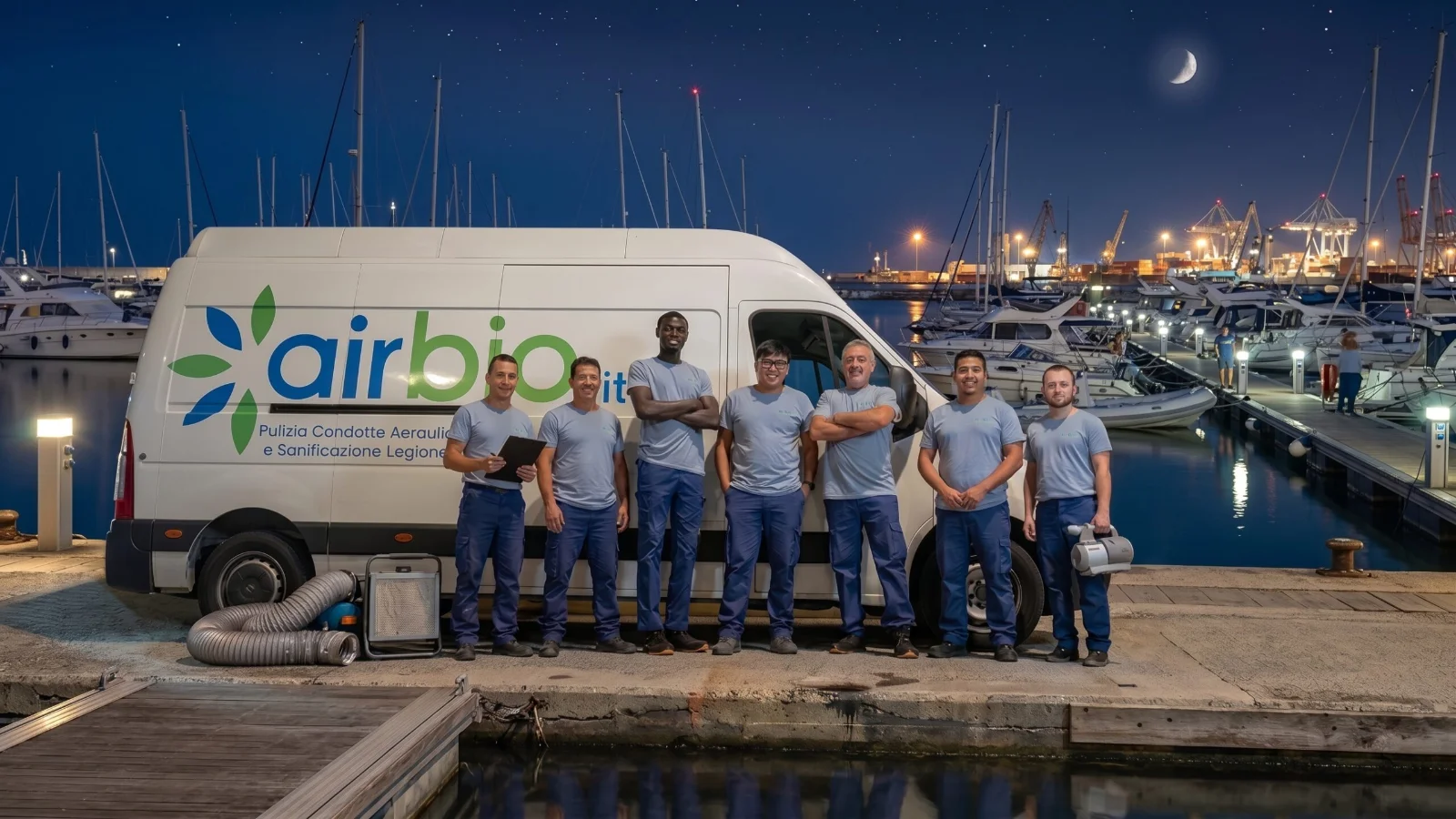 The AirBio Marine technical team standing with the service van and equipment on the quay of a Mediterranean marina