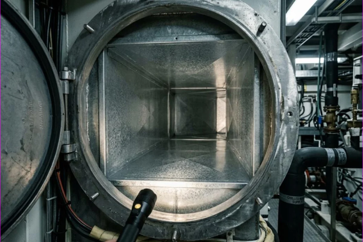 The same yacht air duct after mechanical cleaning with bare galvanised metal visible