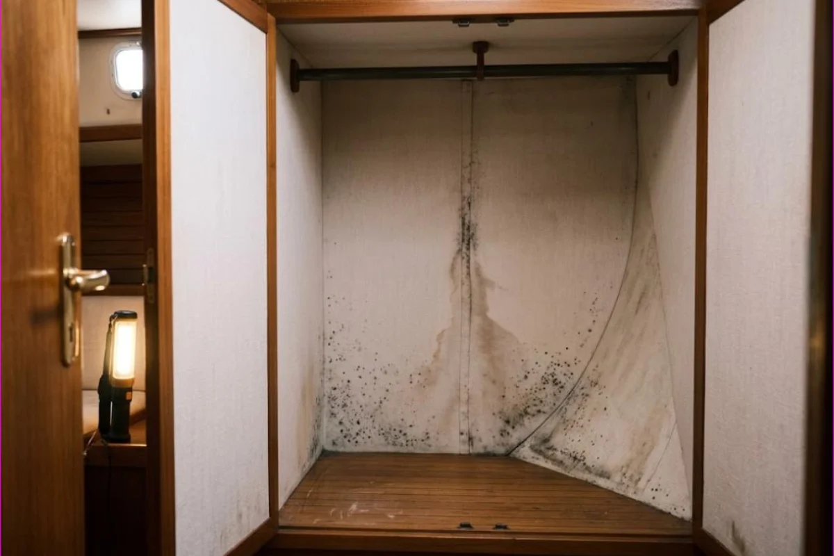 Black and grey mould spots on the back panel of a yacht wardrobe before remediation