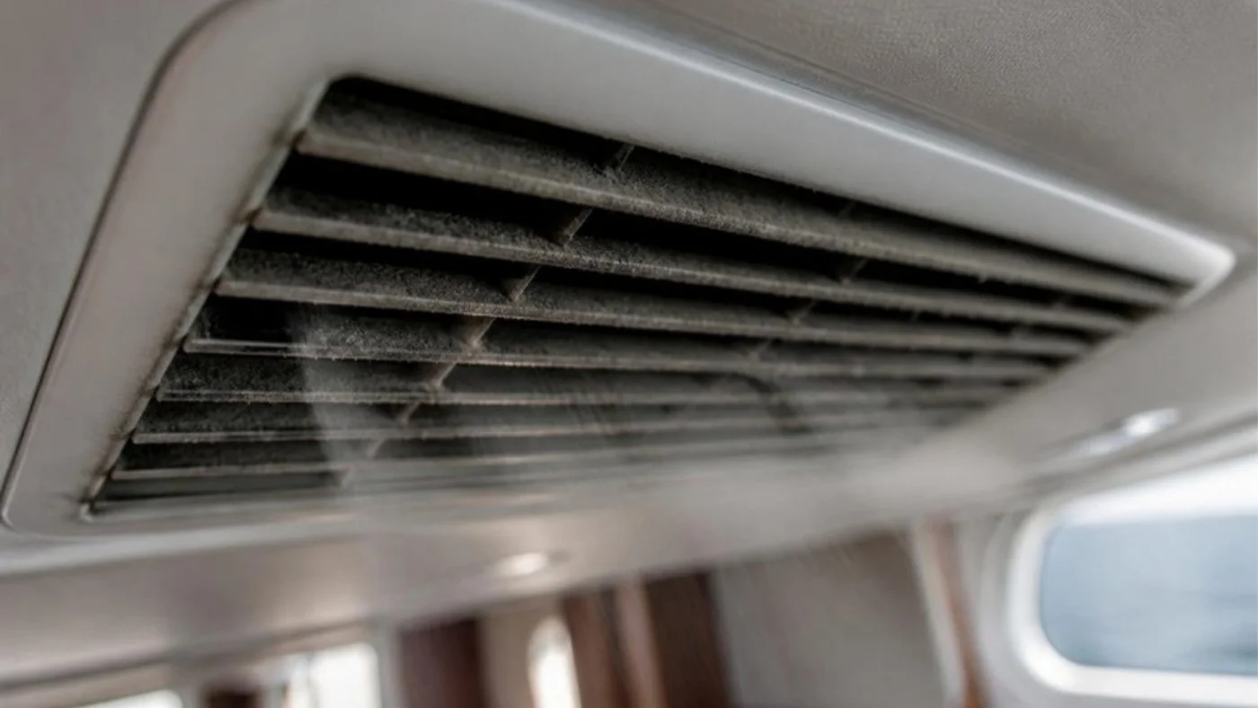 Dust film on the vanes of a yacht air conditioning grille
