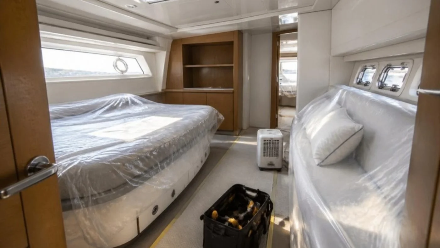 Yacht cabin being prepared at the start of the season