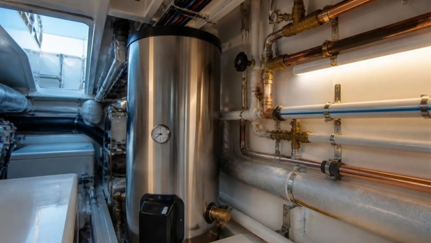 Calorifier and hot water lines in a yacht engine room
