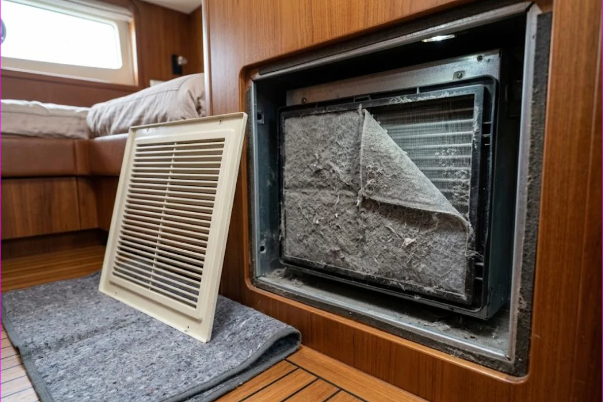 Yacht fan coil filter grey with dust and fibres at the end of a charter week