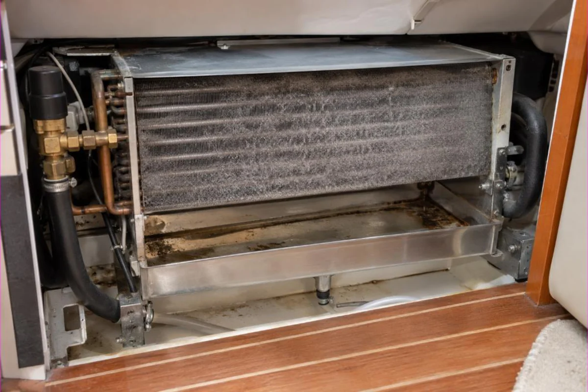 Yacht fan coil with dust-covered fins and residue in the condensate tray