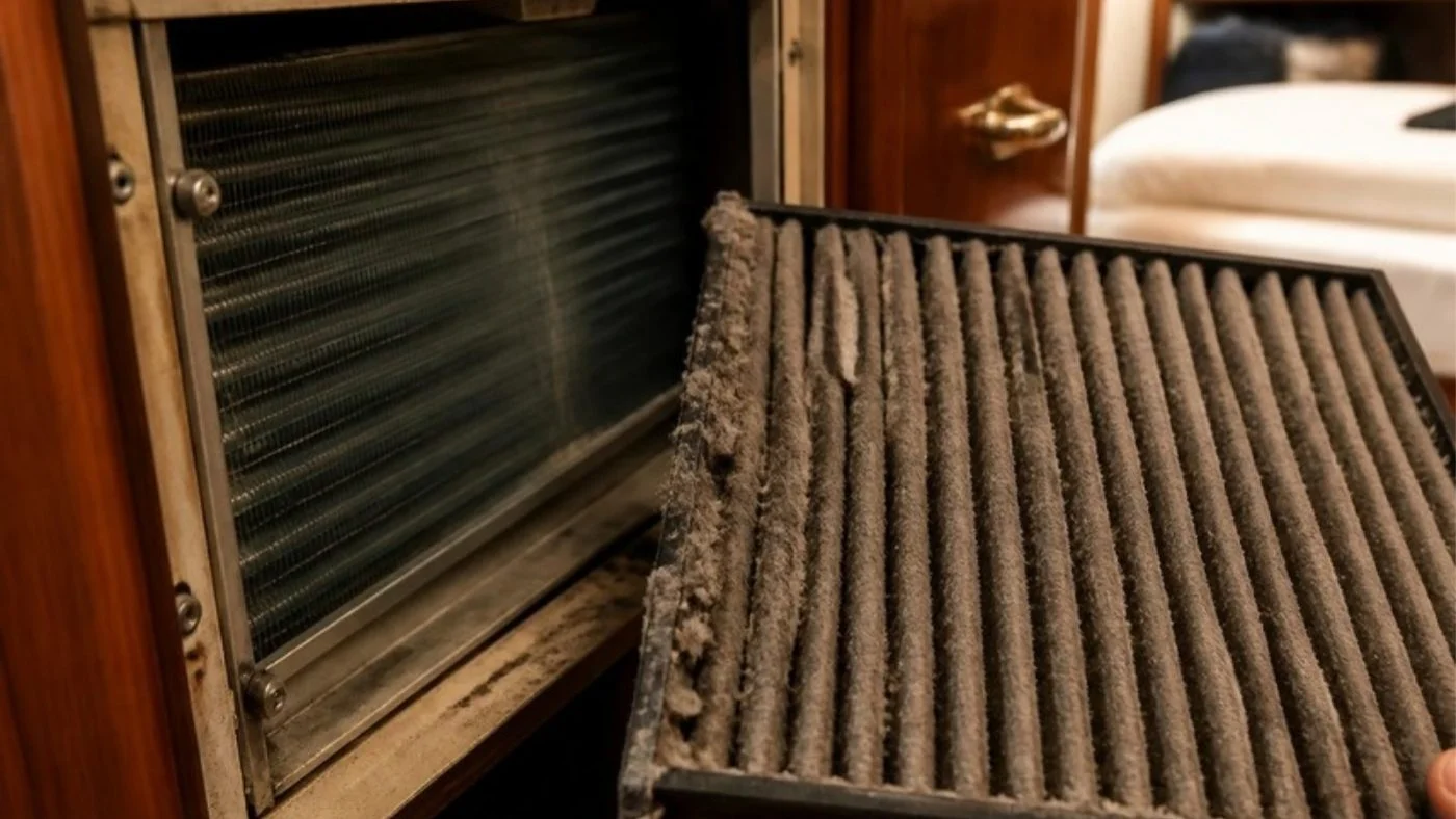 Dust clogged filter pulled from a yacht fan coil unit