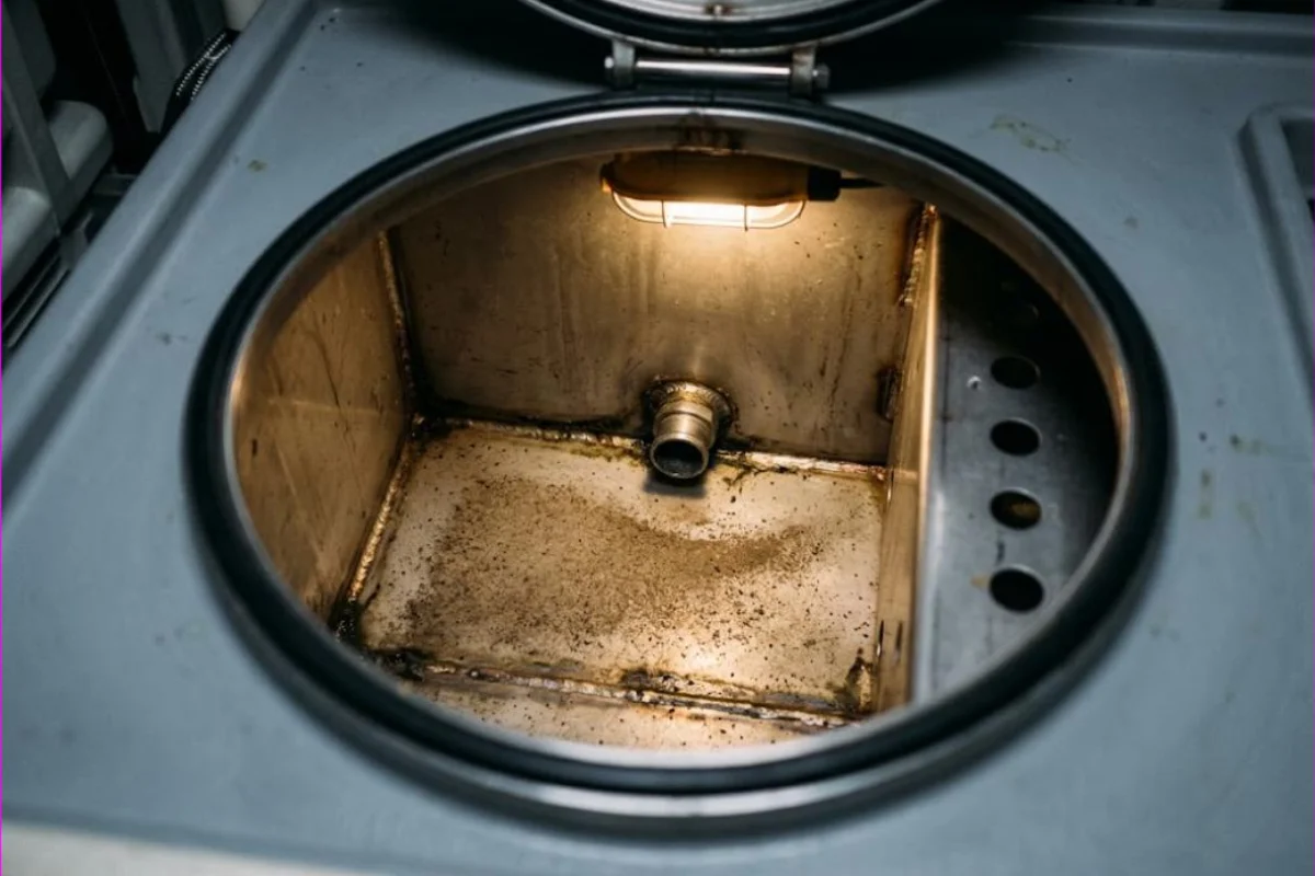 Sediment and biofilm on the floor of a yacht fresh-water tank before sanitization