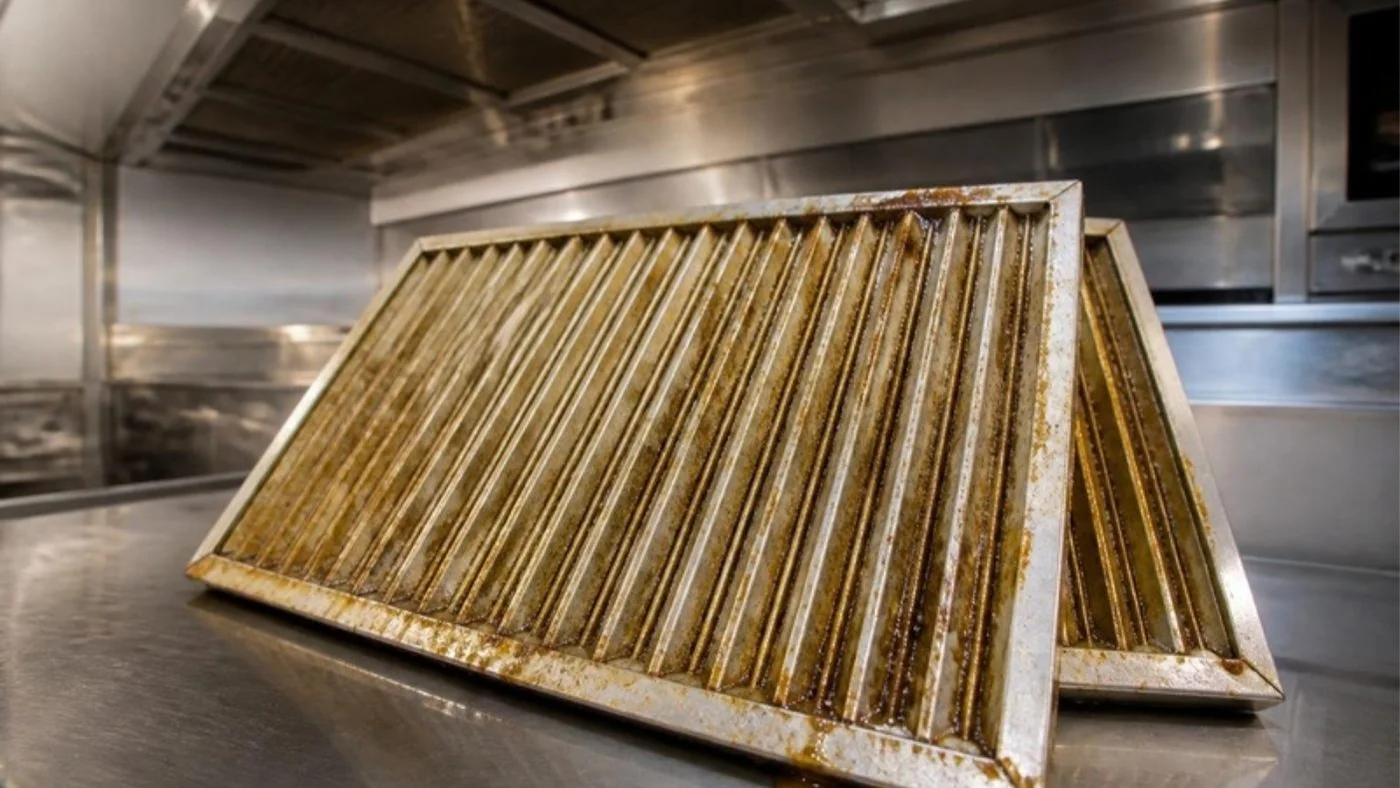 Greasy baffle filters removed from a yacht galley hood