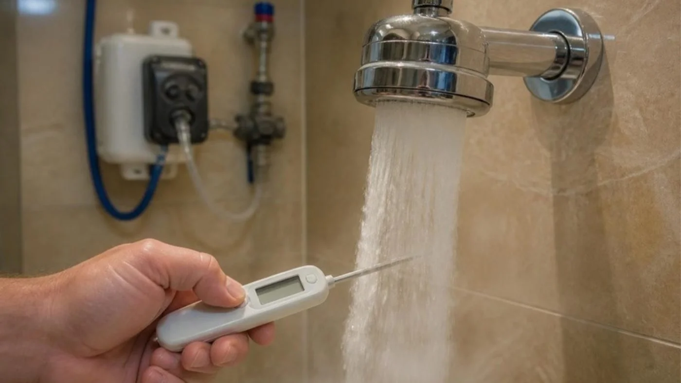 Temperature check at a yacht shower outlet