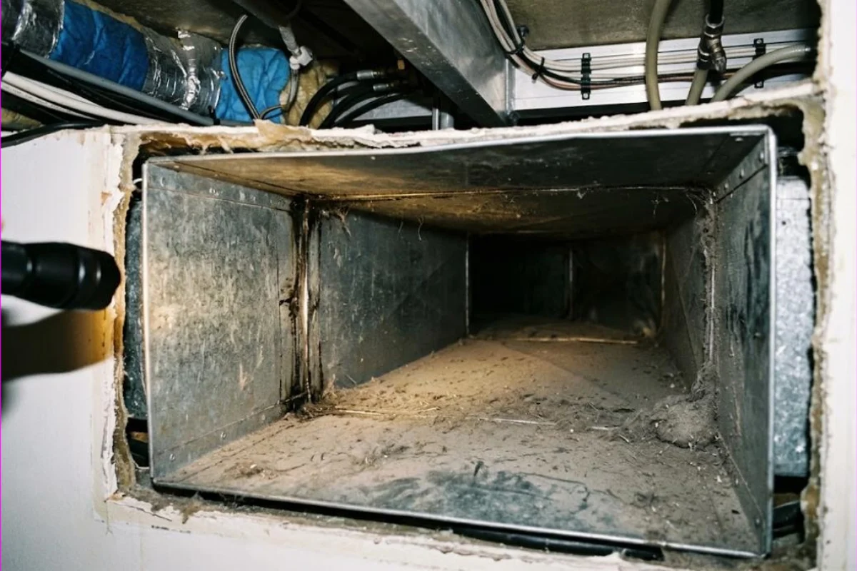 Grey dust layer inside a yacht supply air duct before cleaning