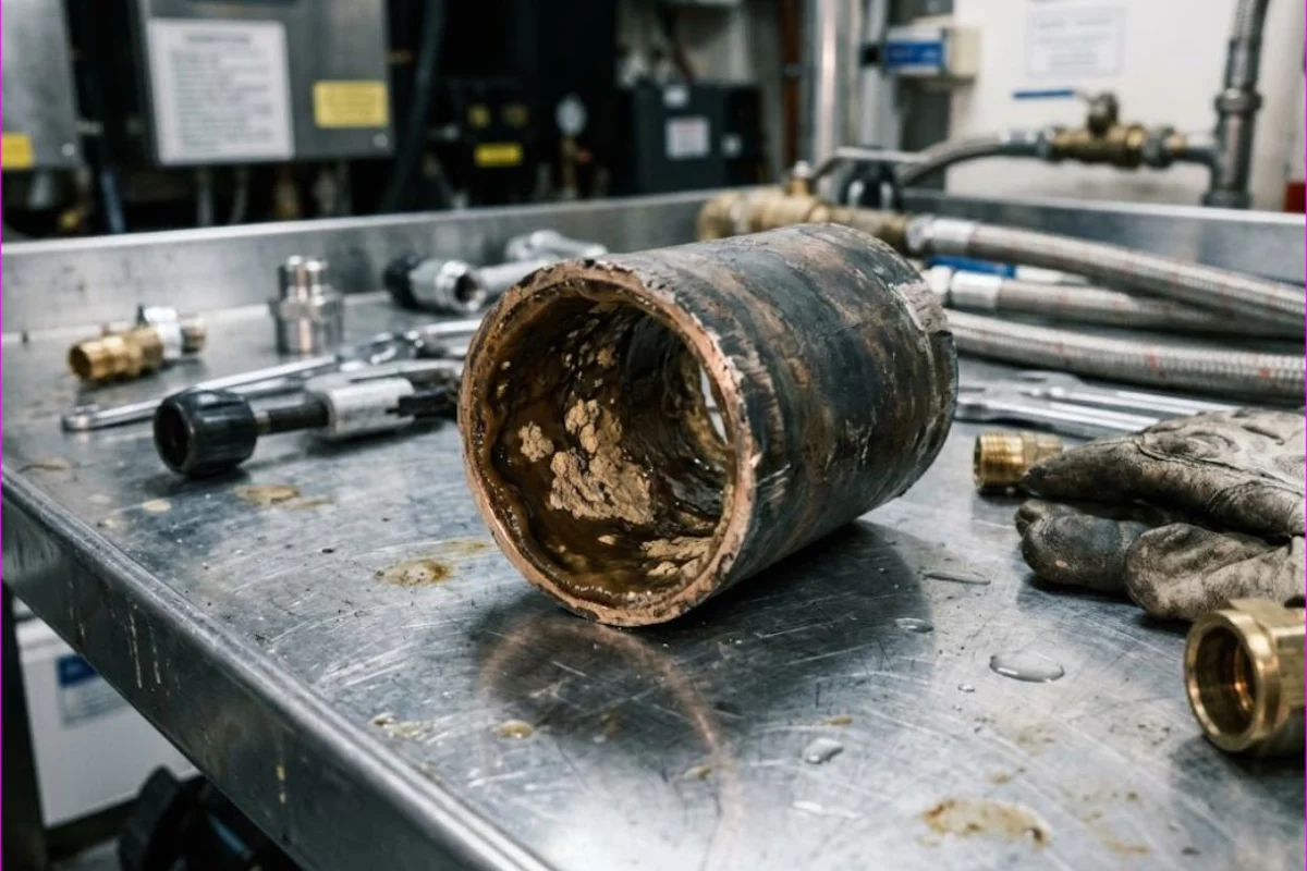 Cut water pipe section lined with biofilm and scale before remediation