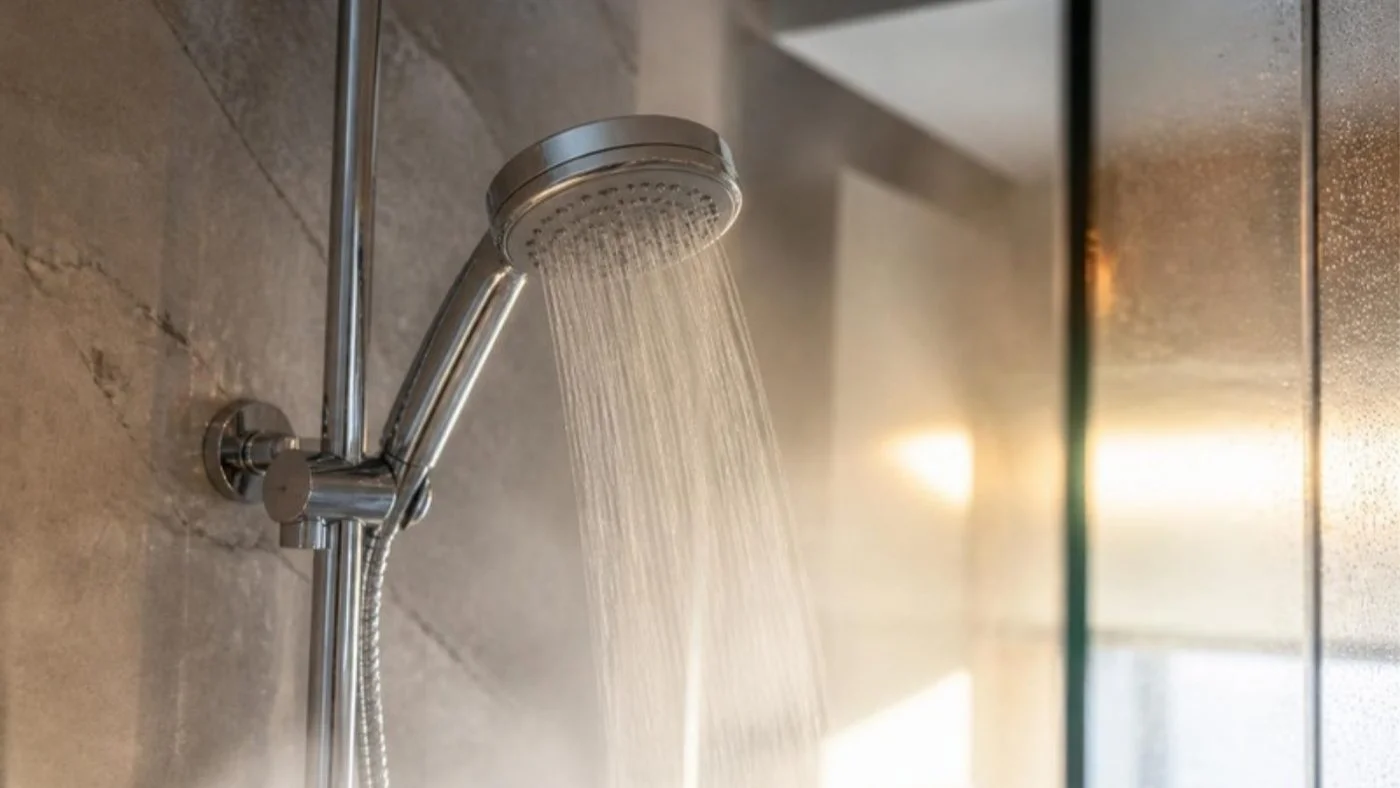Shower head releasing warm water and steam on board a yacht