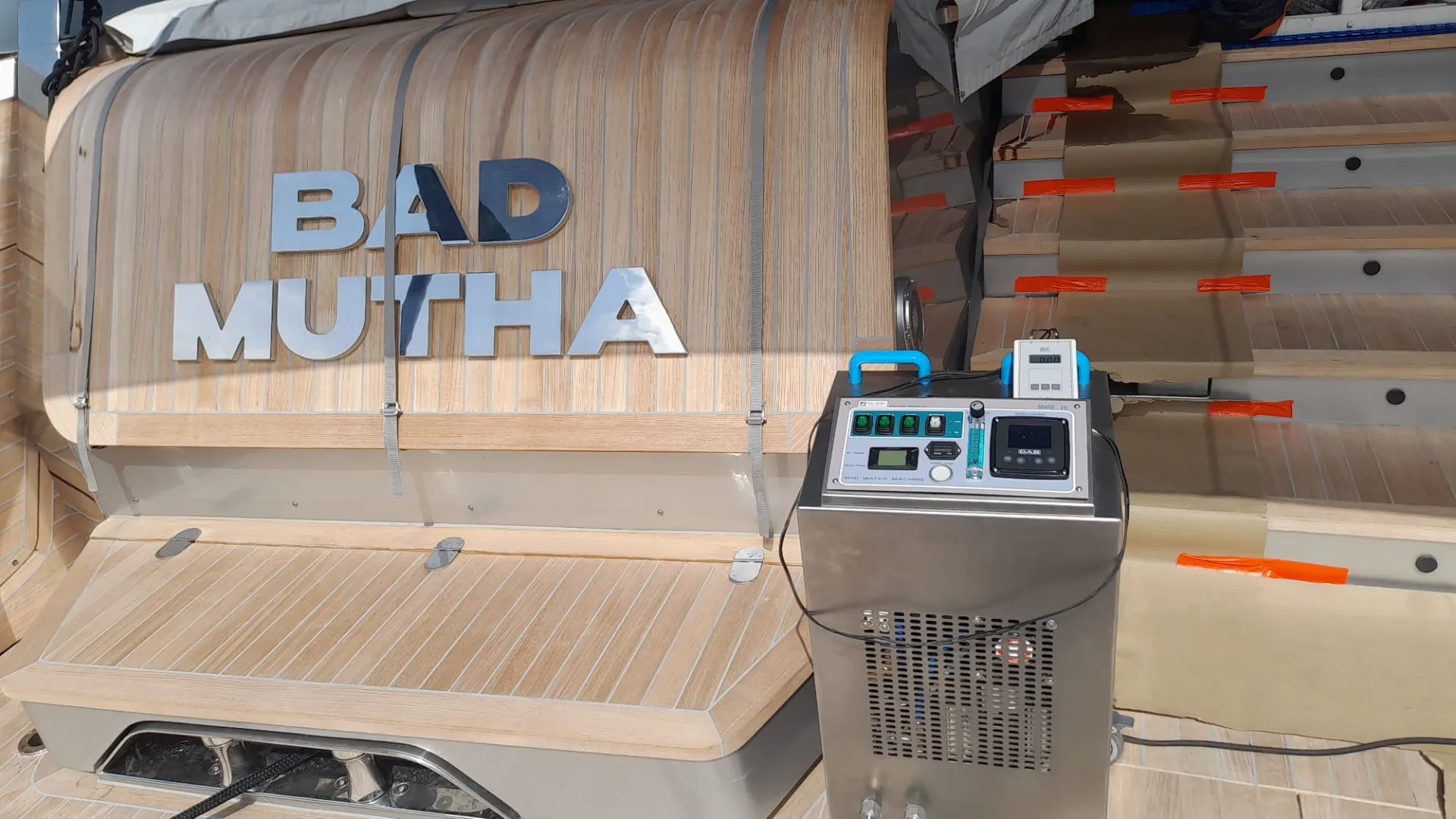 Water system sanitization unit with control panel on the aft deck of a superyacht